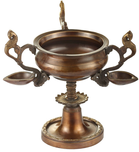 Small Urli on a Stand with Three Wicks Lamp Held by Peacocks
