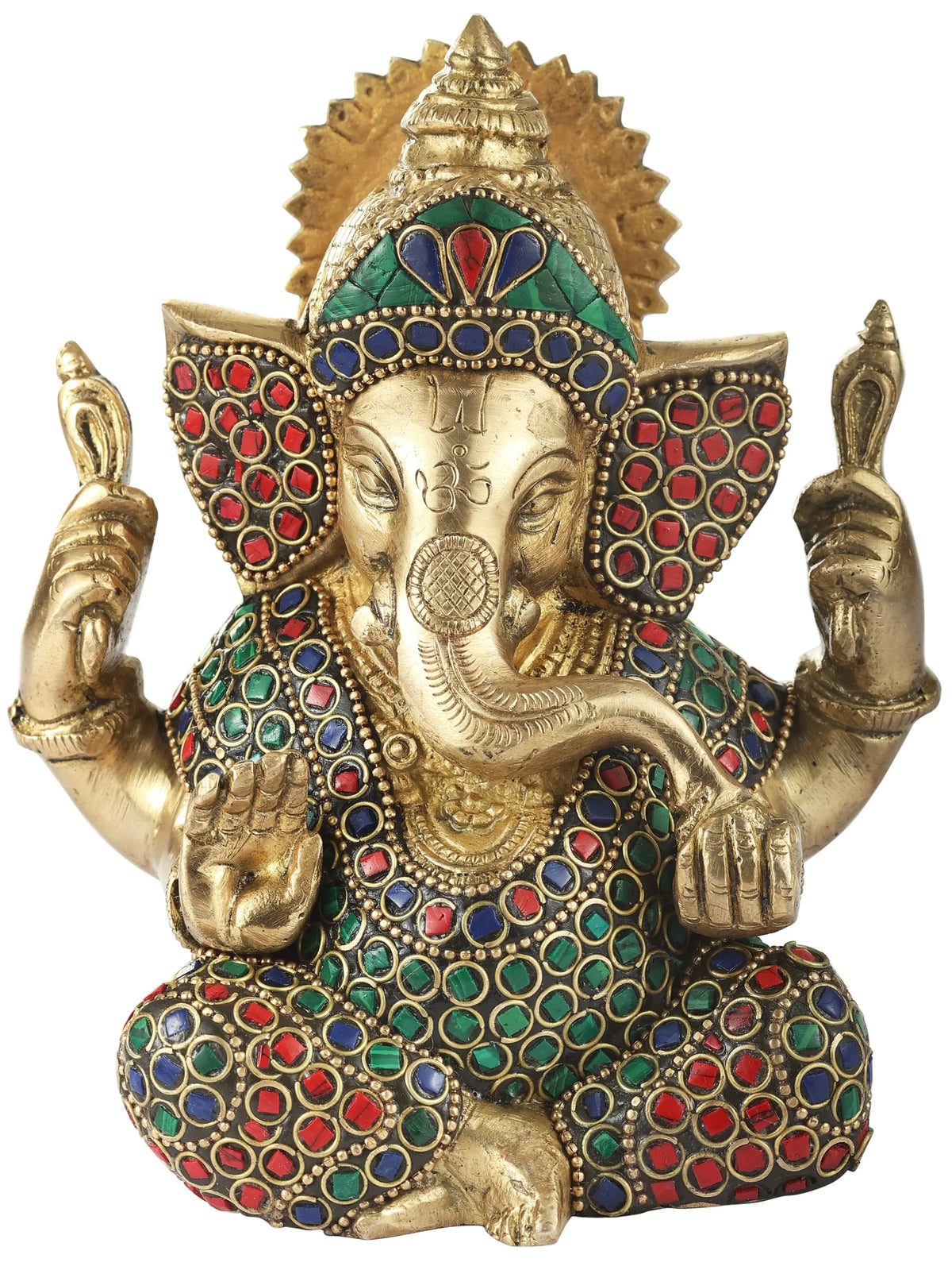 4" Colorful Inlayed Ganesha Brass Idol in Aashirwad Mudra | Handmade | Made in India