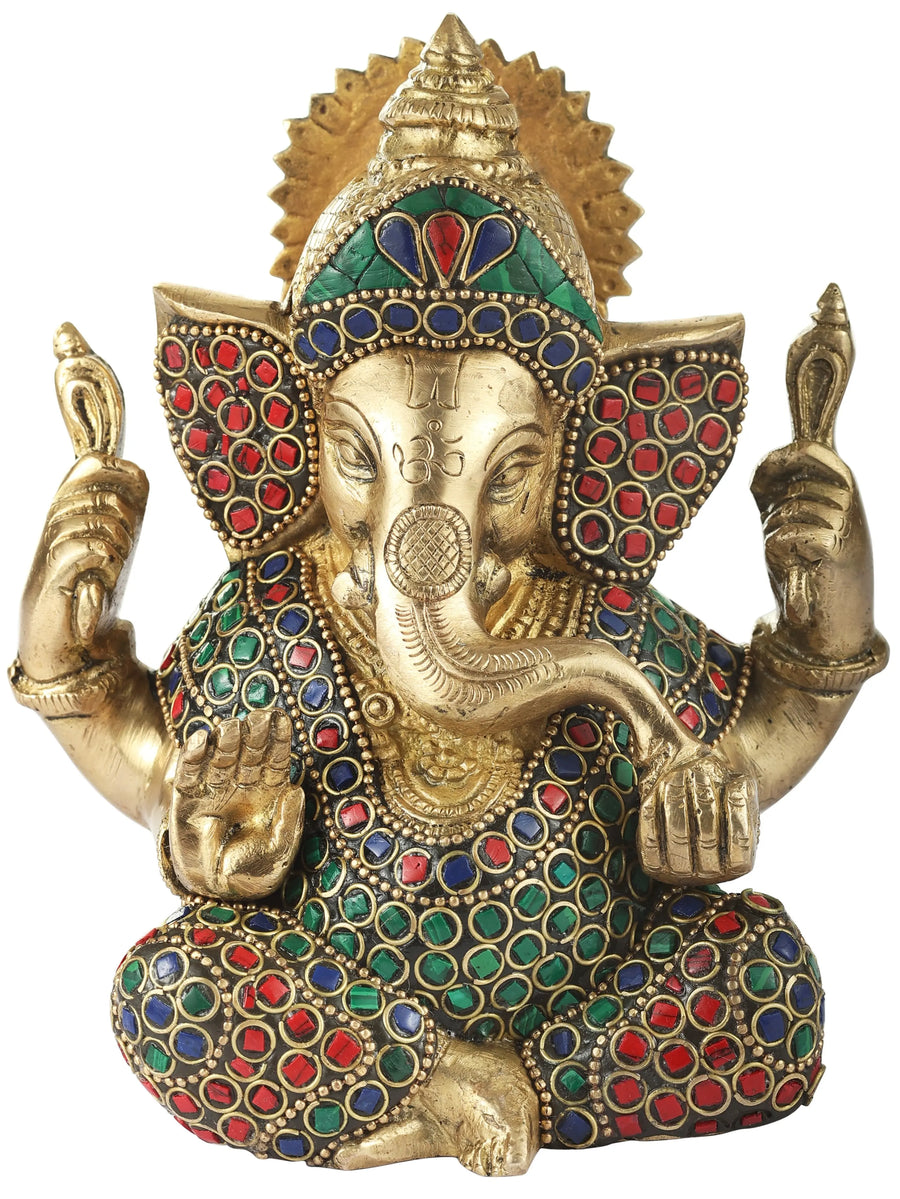 4" Handmade Ganesha Brass Idol with Colorful Inlay in Ashirwad Mudra
