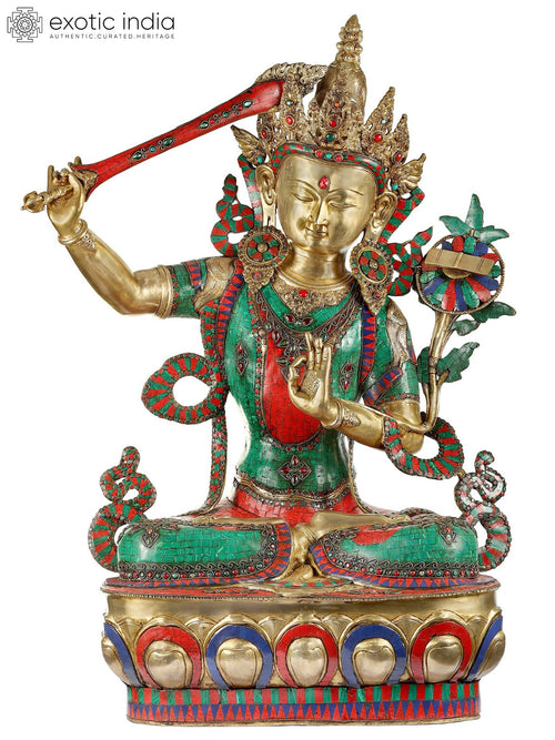 38" Handmade Manjushri Bodhisattva Brass Statue for Home Decor