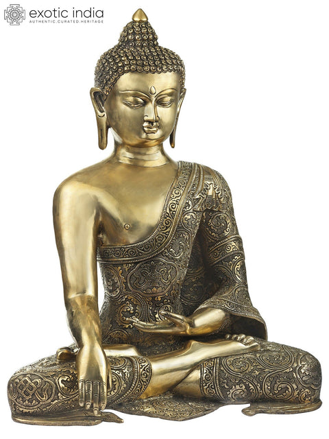 18" Simple Seated Buddha in Richly Engraved Robe | Handmade Brass Statue