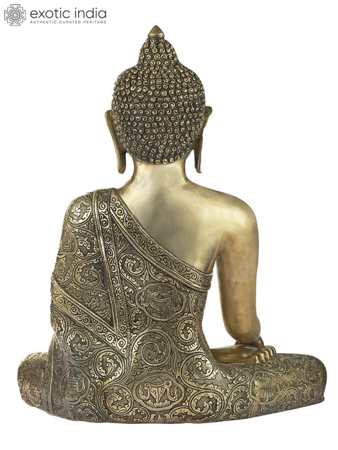18" Simple Seated Buddha in Richly Engraved Robe | Handmade Brass Statue
