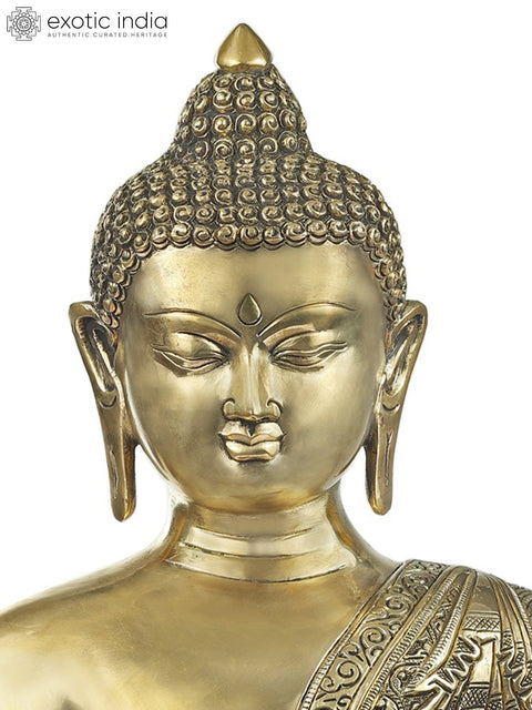 18" Simple Seated Buddha in Richly Engraved Robe | Handmade Brass Statue