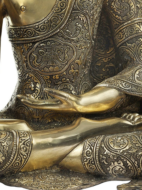 18" Simple Seated Buddha in Richly Engraved Robe | Handmade Brass Statue