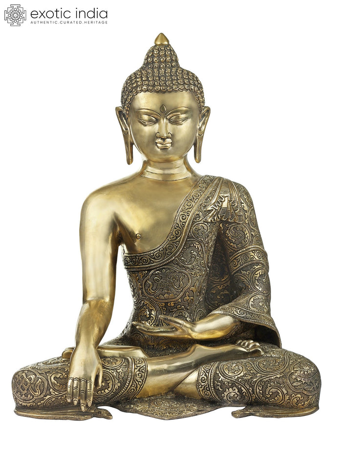 18" Handmade Seated Buddha Brass Statue with Engraved Robe