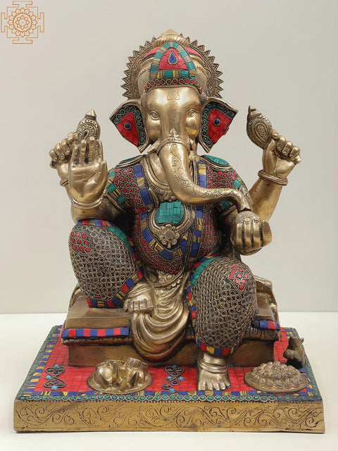16" Colorful Inlayed Blessing Ganesha Inlay Brass Statue | Indian Handcrafted Idol