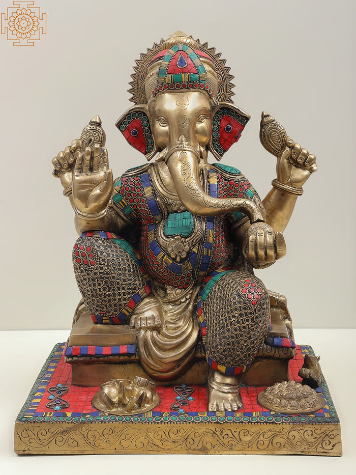 16" Handcrafted Inlay Brass Ganesha Statue with Colorful Blessing Design