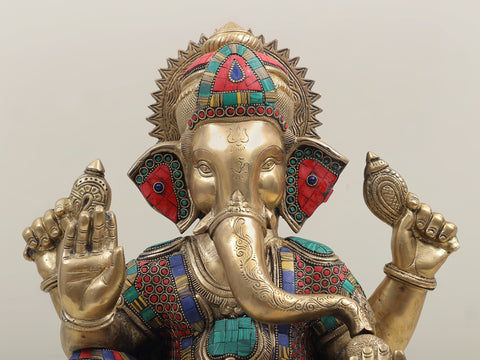 16" Colorful Inlayed Blessing Ganesha Inlay Brass Statue | Indian Handcrafted Idol