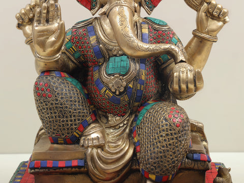 16" Colorful Inlayed Blessing Ganesha Inlay Brass Statue | Indian Handcrafted Idol