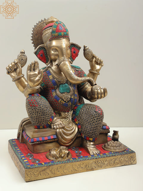 16" Colorful Inlayed Blessing Ganesha Inlay Brass Statue | Indian Handcrafted Idol