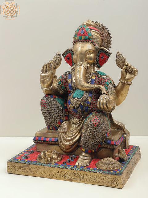 16" Colorful Inlayed Blessing Ganesha Inlay Brass Statue | Indian Handcrafted Idol