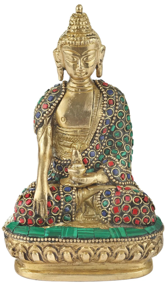 3" Inlayed Bhumisparsha Buddha Small Statue in Brass | Handmade | Made in India