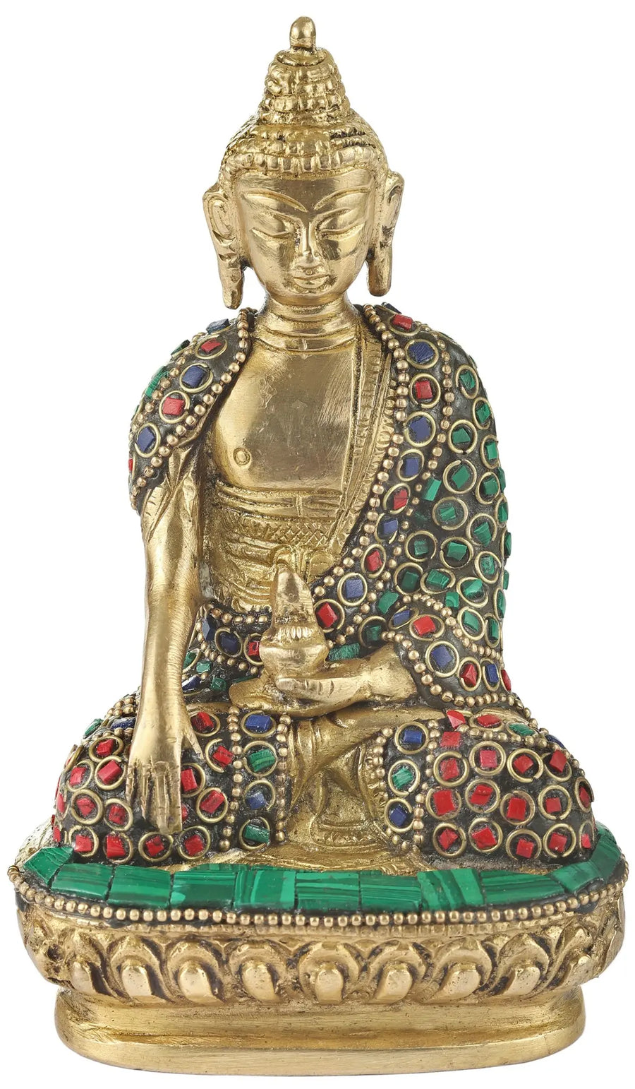 3" Handmade Bhumisparsha Buddha Brass Statue with Inlay