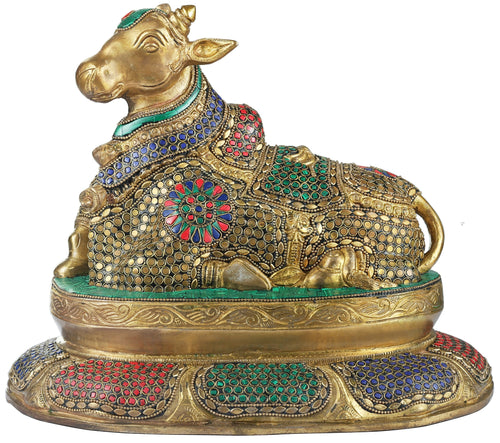 12" Handmade Brass Nandi Statue on Lotus Plinth