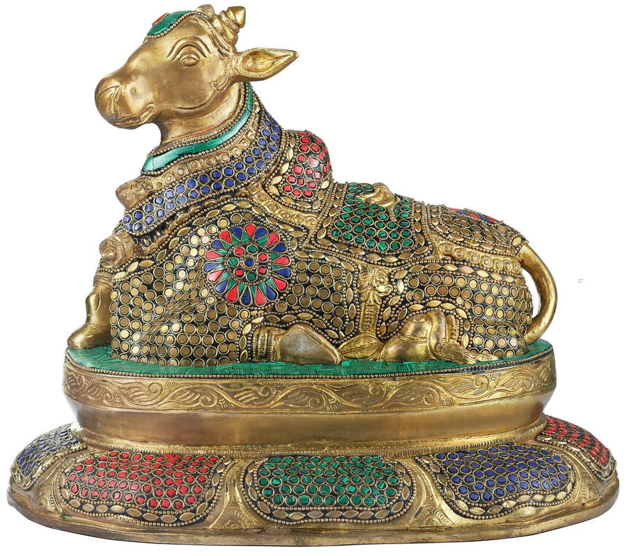 12" Handmade Brass Nandi Statue on Lotus Plinth