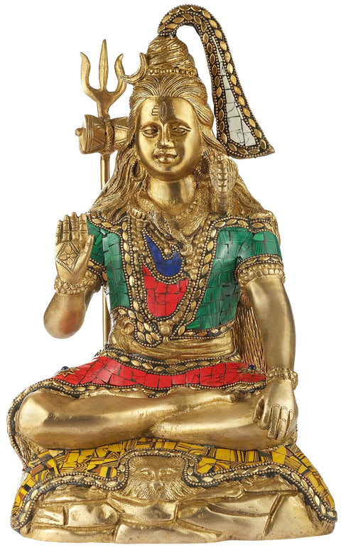 8" Lord Shiva in Abhay Mudra | Handmade Brass Inlay Statue