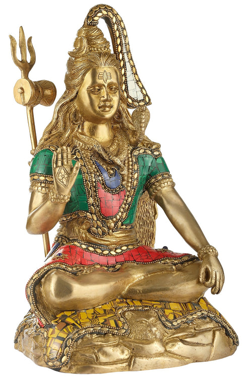 8" Lord Shiva in Abhay Mudra | Handmade Brass Inlay Statue