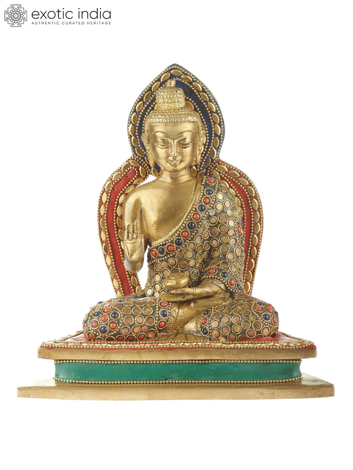 7" Blessing Lord Buddha Brass Idol with Inlay Work | Indian Handcrafted Statue