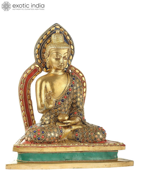 7" Blessing Lord Buddha Brass Idol with Inlay Work | Indian Handcrafted Statue
