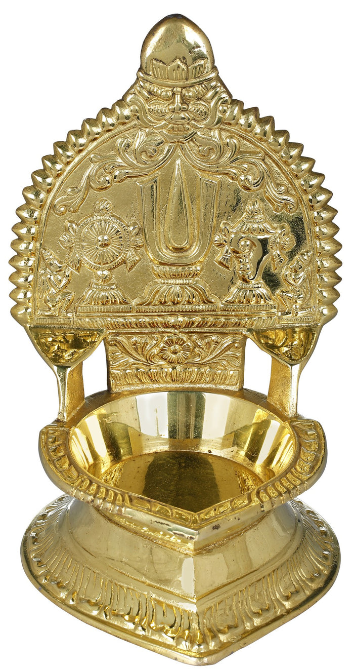 5" Brass Large Lamp with Vaishnava Symbols from South India | Handmade | Made in India