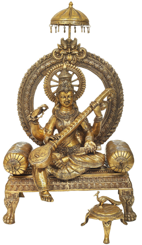 28" Enthroned Saraswati with her Vahana on A Three-Legged Stool | Handmade Brass Statue