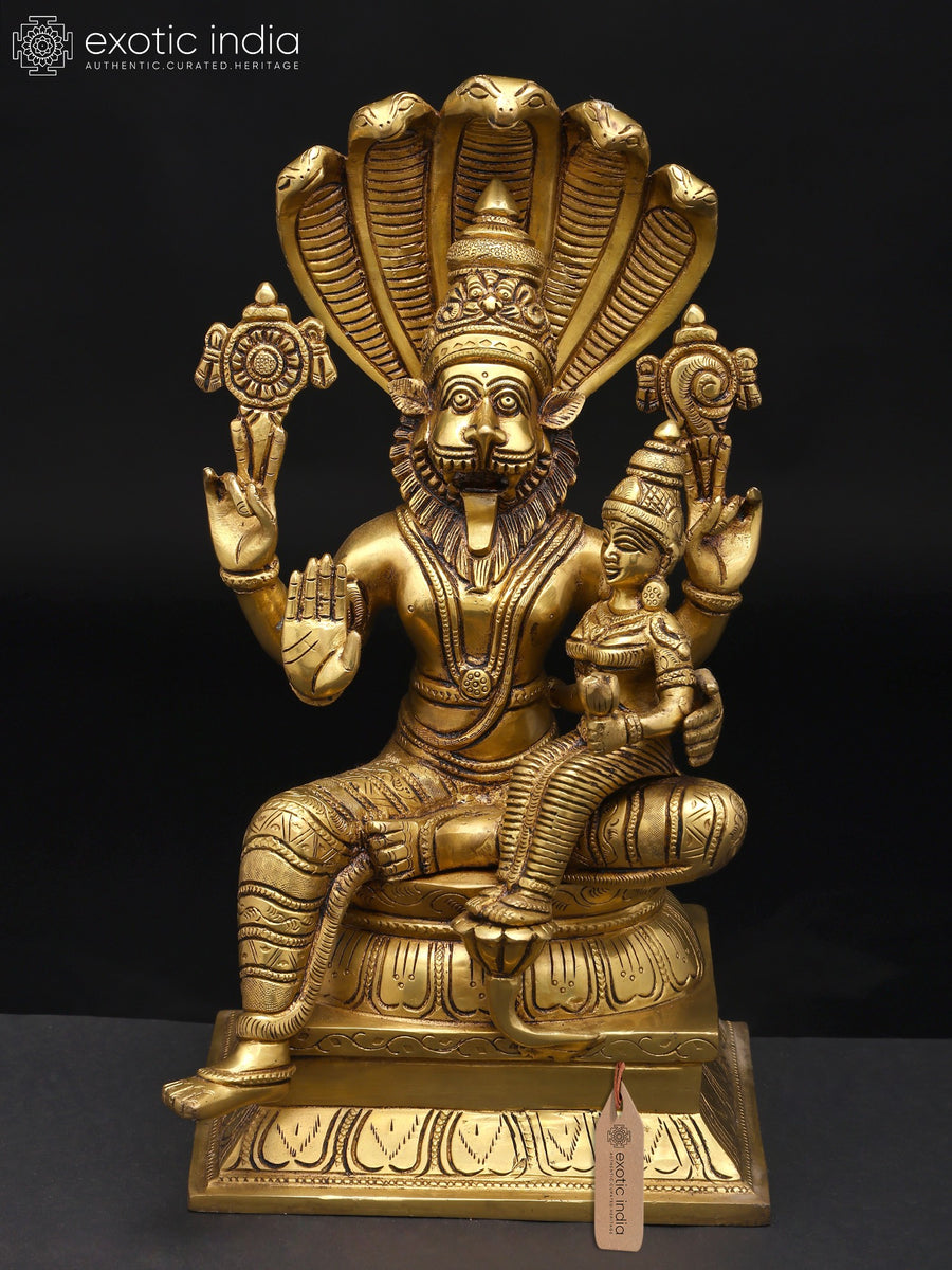 7" Handmade Brass Lord Narasimha with Goddess Lakshmi Statue