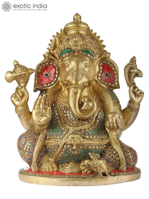 9" Four Armed Blessing Lord Ganesha Inlay Stone Work Brass Idol | Handmade | Made In India