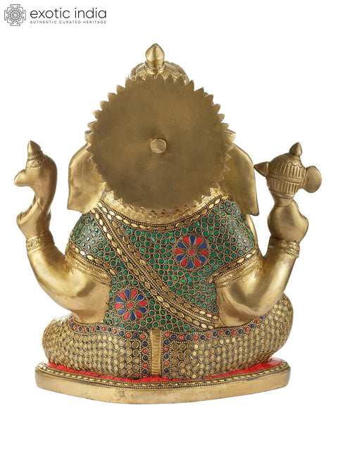 9" Four Armed Blessing Lord Ganesha Inlay Stone Work Brass Idol | Handmade | Made In India