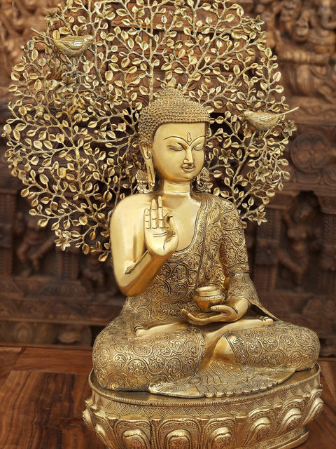 28" Seated Shut-Eyed Buddha Afore A Bodhi Tree Aureole | Handmade Brass Statue