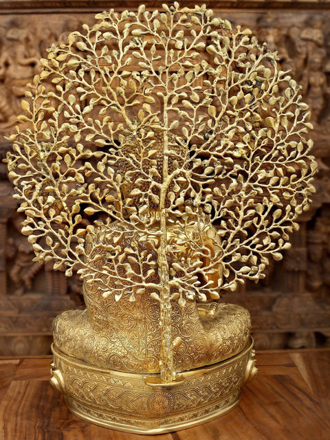 28" Seated Shut-Eyed Buddha Afore A Bodhi Tree Aureole | Handmade Brass Statue