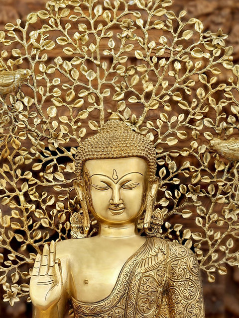 28" Seated Shut-Eyed Buddha Afore A Bodhi Tree Aureole | Handmade Brass Statue