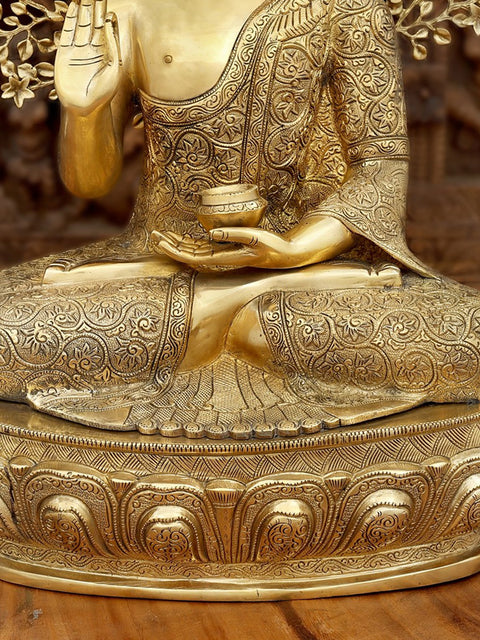 28" Seated Shut-Eyed Buddha Afore A Bodhi Tree Aureole | Handmade Brass Statue
