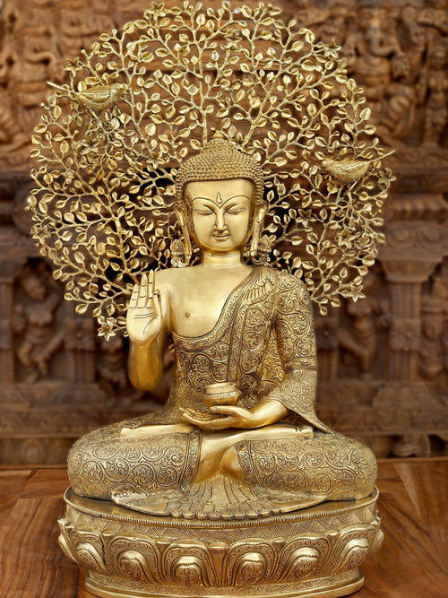 28" Seated Buddha Brass Statue with Bodhi Tree Aureole Handmade