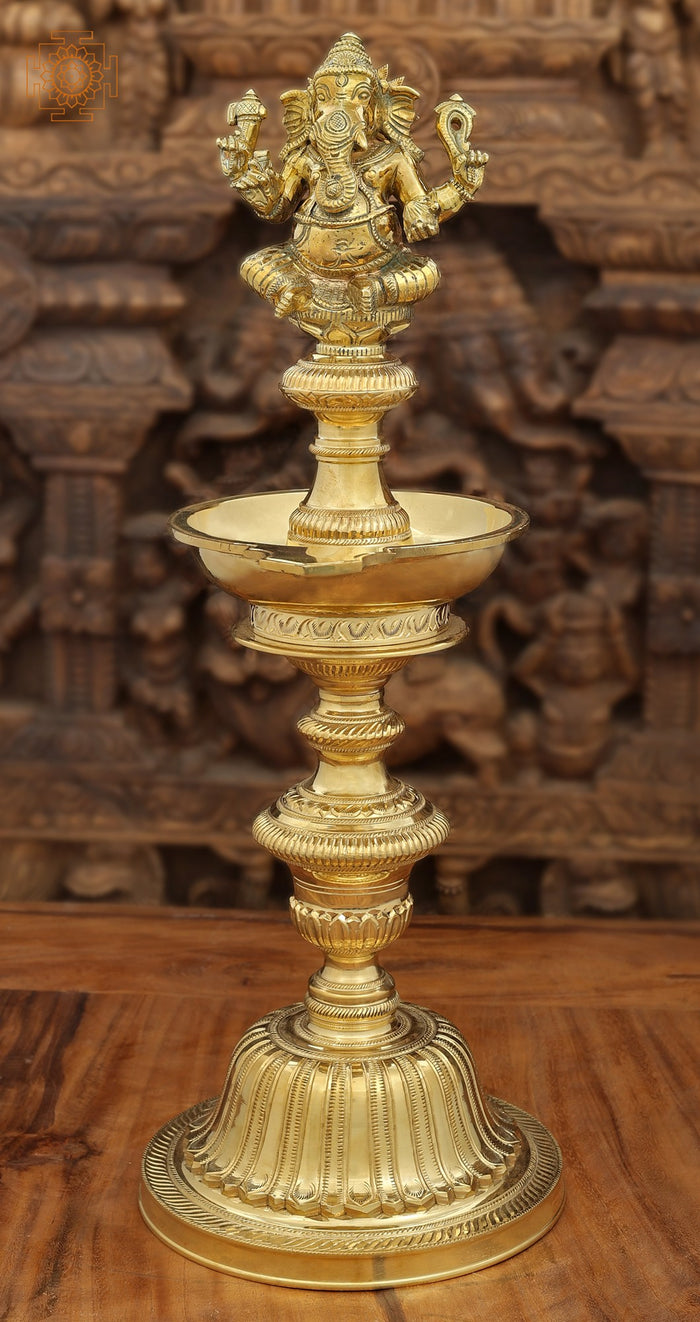 23" Handmade Ganesha Brass Wick Lamp for Pooja
