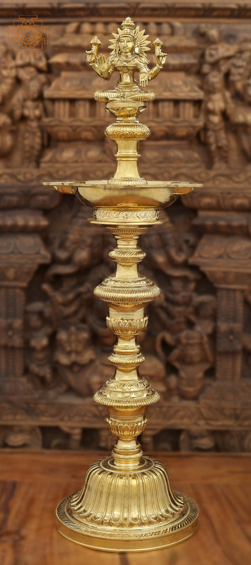 29" Handmade Lakshmi Brass Wick Lamp for Pooja