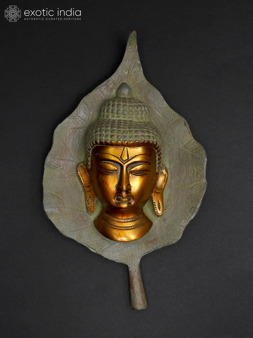 9" Buddha Head on Peepal Leaf Brass Wall Hanging Handmade