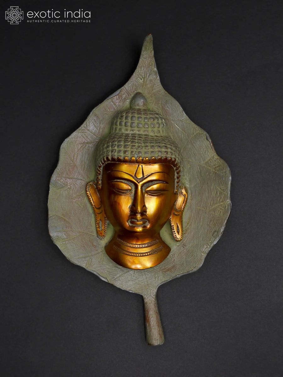 9" Buddha Head on Peepal Leaf Brass Wall Hanging Handmade