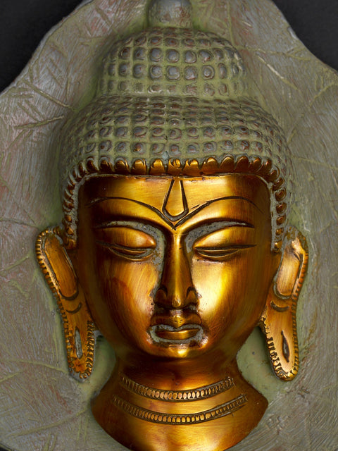 9" Buddha Head on Peepal Leaf Wall Hanging In Brass | Handmade | Made In India