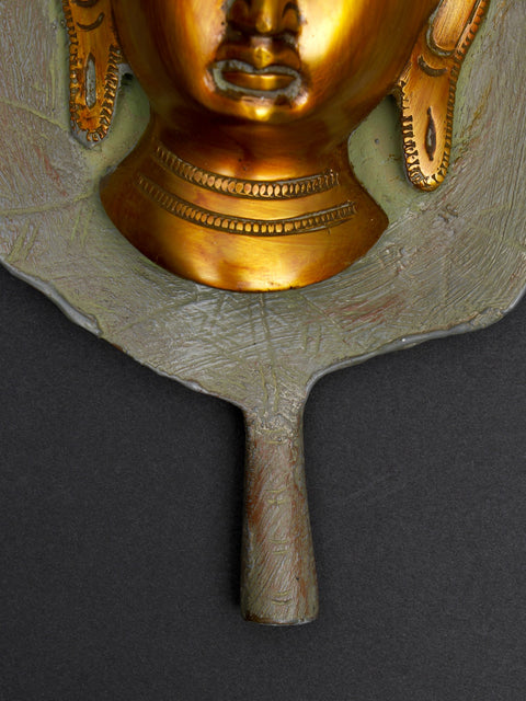9" Buddha Head on Peepal Leaf Wall Hanging In Brass | Handmade | Made In India