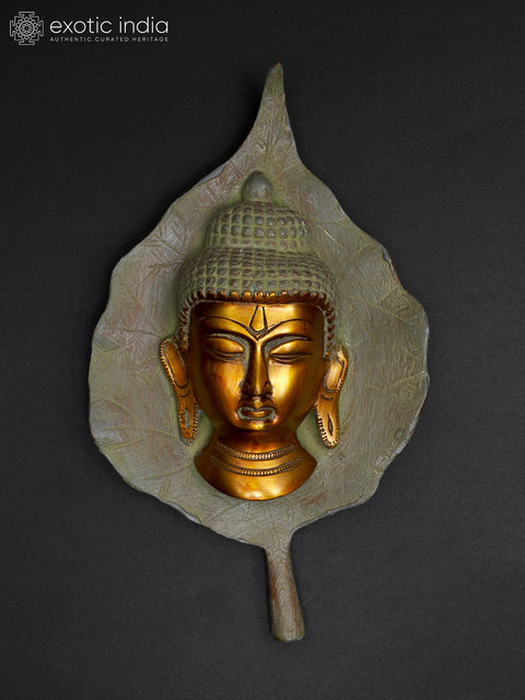 9" Buddha Head on Peepal Leaf Wall Hanging In Brass | Handmade | Made In India