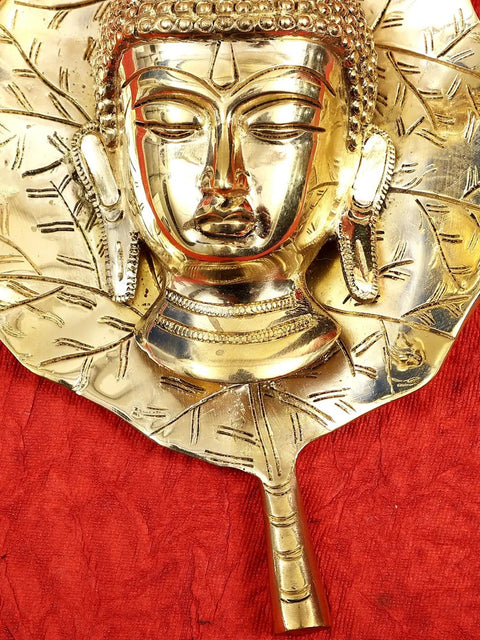9" Buddha Head on Peepal Leaf Wall Hanging In Brass | Handmade | Made In India