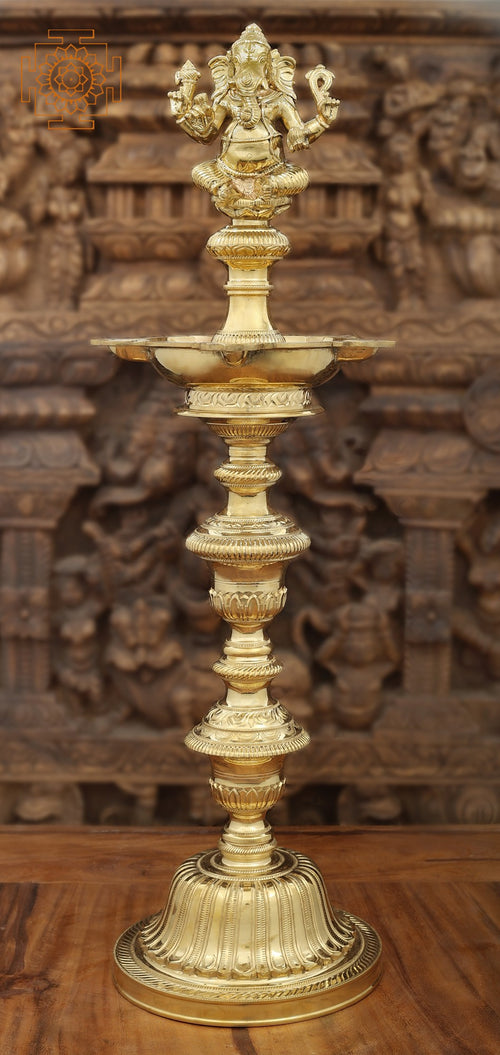 29" Handmade Brass Ganesha Oil Lamp with Multiple Wicks