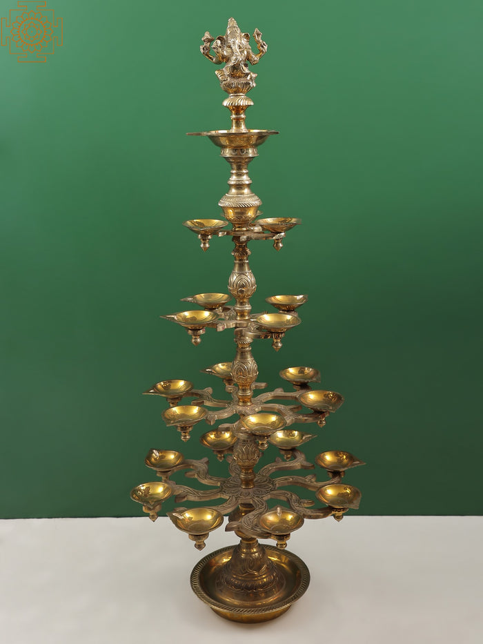 38" Five-Tray Ganesha Brass Oil Lamp for Pooja