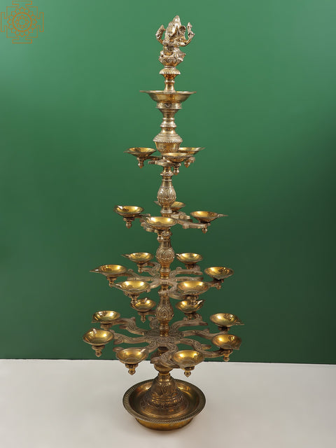 38" Five-Tray Twenty-Four-Wick Ganesha Lamp in Brass