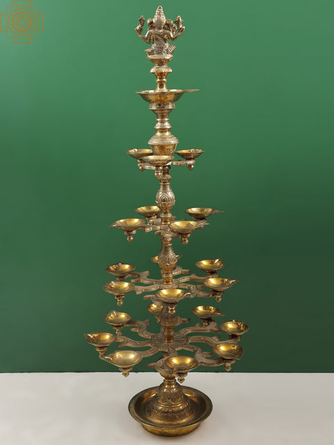38" Five-Tray Twenty-Four-Wick Ganesha Lamp in Brass