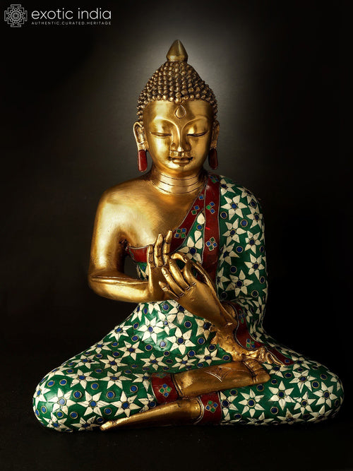 13" Handmade Brass Buddha Statue in Dharmachakra Mudra with Inlay