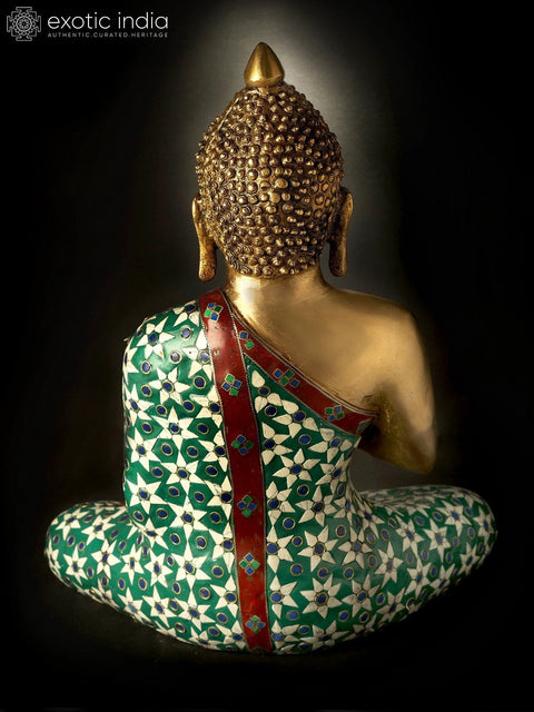 13" Inlayed Lord Buddha in Dharmachakra Mudra in Brass | Handmade | Made in India