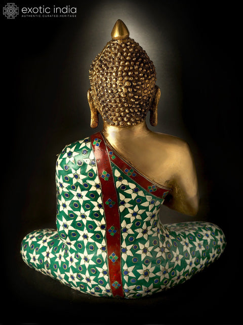 13" Inlayed Lord Buddha in Dharmachakra Mudra in Brass | Handmade | Made in India