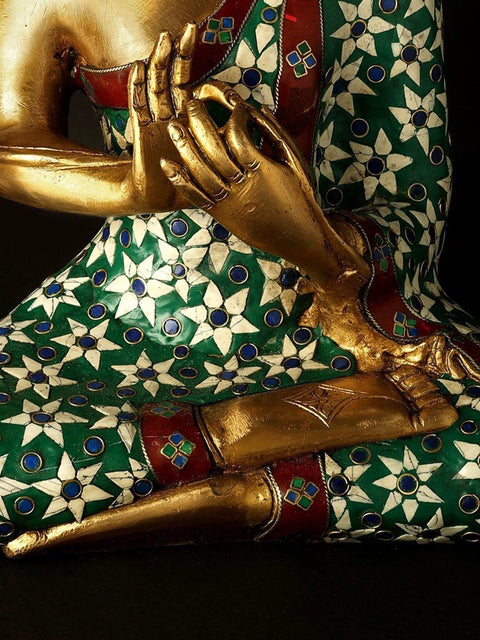 13" Inlayed Lord Buddha in Dharmachakra Mudra in Brass | Handmade | Made in India