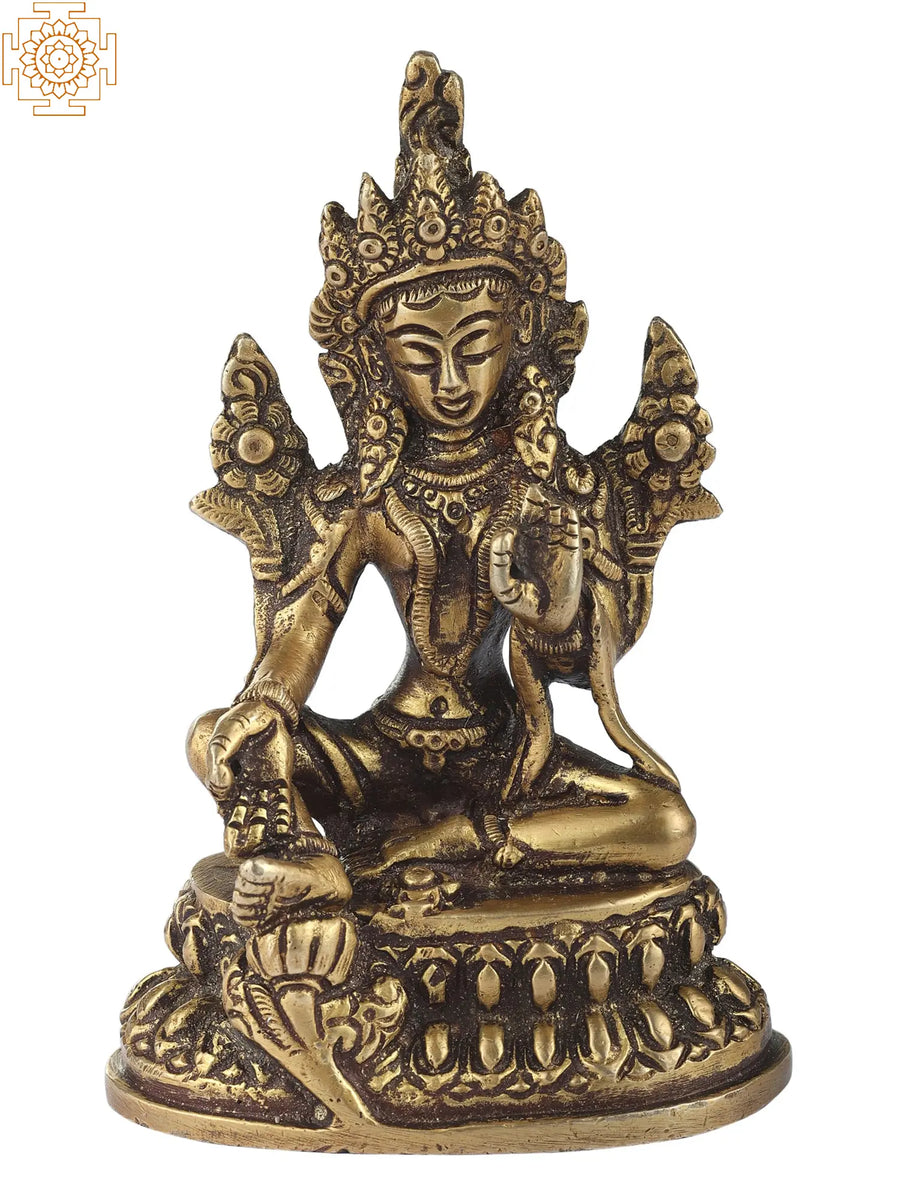 4" Green Tara Goddess Handmade Brass Statue for Pooja